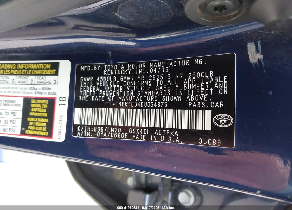 2013 TOYOTA AVALON VIN: 4T1BK1EB4DU034875