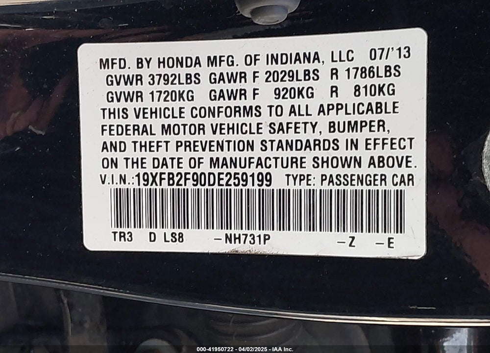 2013 HONDA CIVIC EX-L VIN: 19XFB2F90DE259199