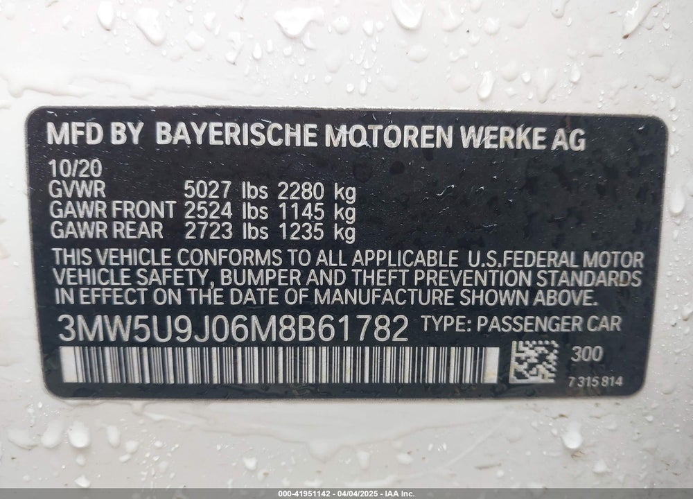 2021 BMW 3 SERIES VIN: 3MW5U9J06M8B61782