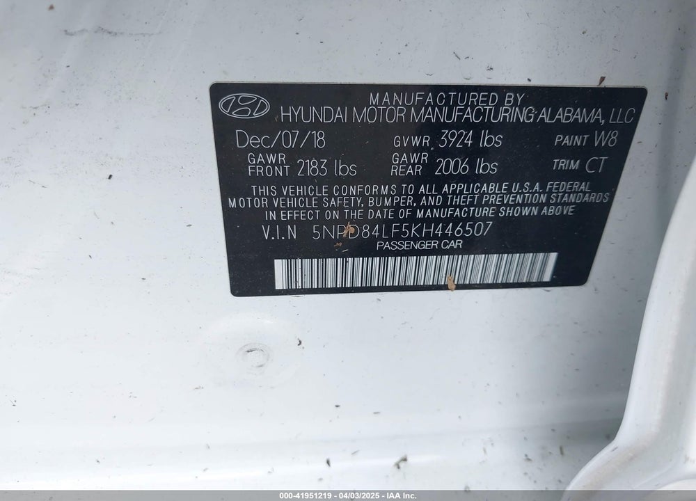 2019 HYUNDAI ELANTRA VIN: 5NPD84LF5KH446507