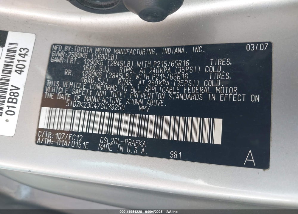 2007 TOYOTA SIENNA LE VIN: 5TDZK23C47S039250