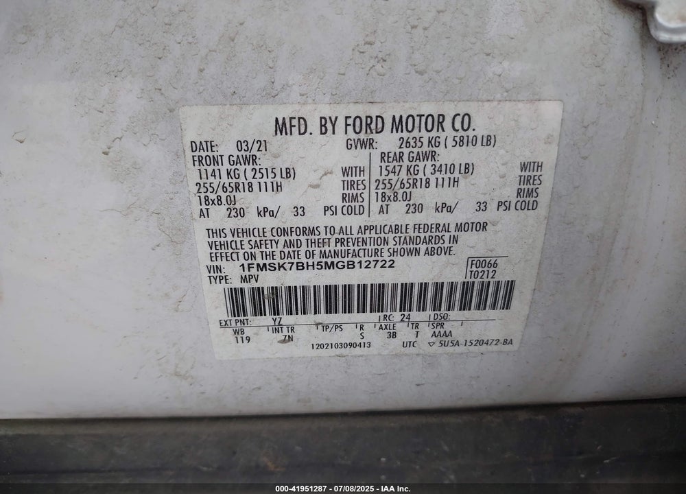2021 FORD EXPLORER VIN: 1FMSK7BH5MGB12722