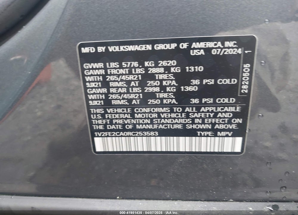 2024 VOLKSWAGEN ATLAS CROSS SPORT VIN: 1V2FE2CA0RC253583