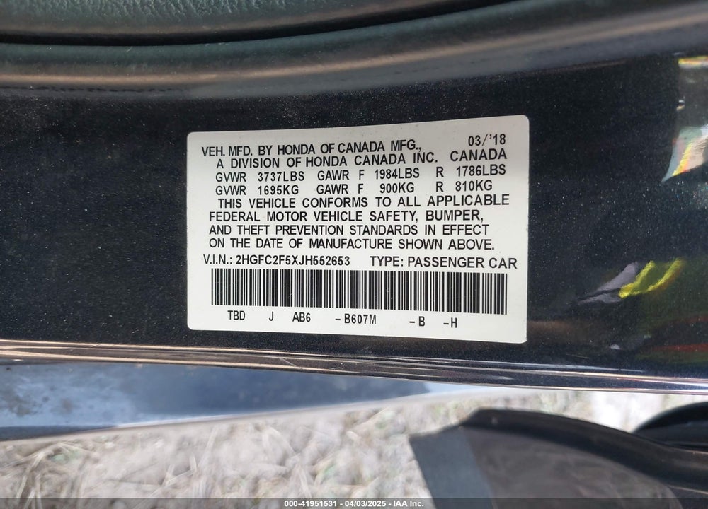 2018 HONDA CIVIC VIN: 2HGFC2F5XJH552653