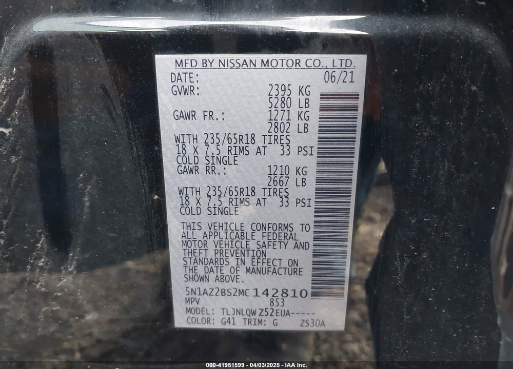 2021 NISSAN MURANO SV INTELLIGENT AWD VIN: 5N1AZ2BS2MC142810