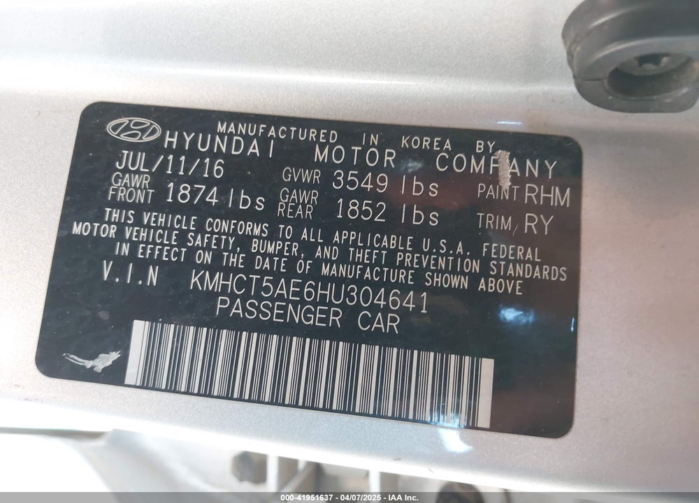 2017 HYUNDAI ACCENT SE VIN: KMHCT5AE6HU304641