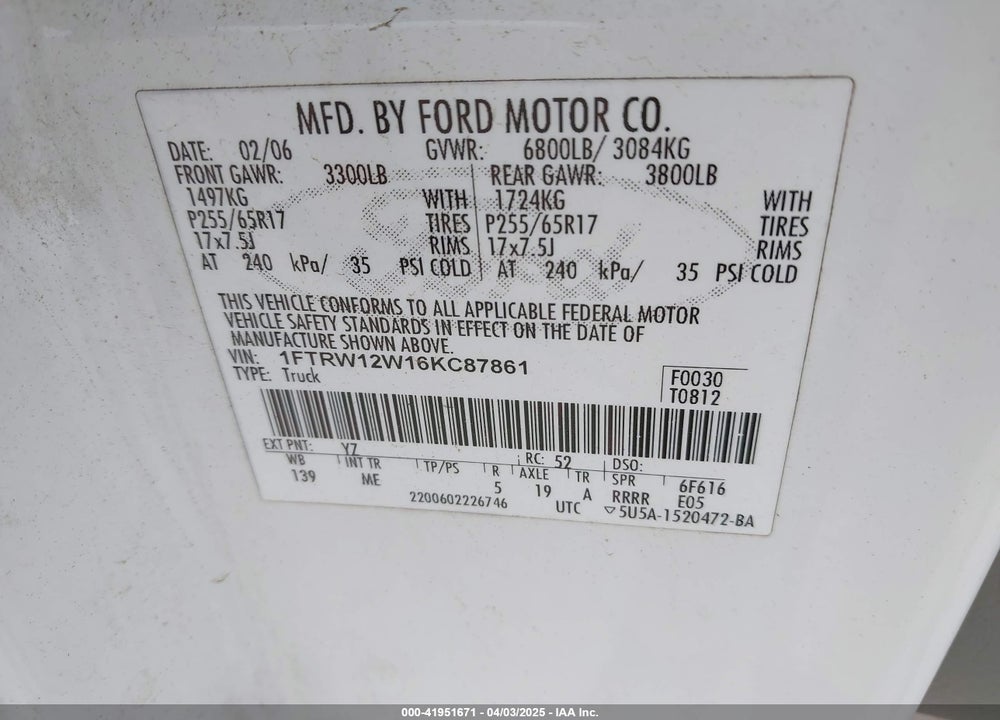 2006 FORD F-150 XLT VIN: 1FTRW12W16KC87861
