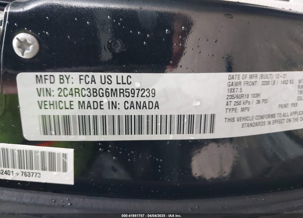 2021 CHRYSLER PACIFICA VIN: 2C4RC3BG6MR597239
