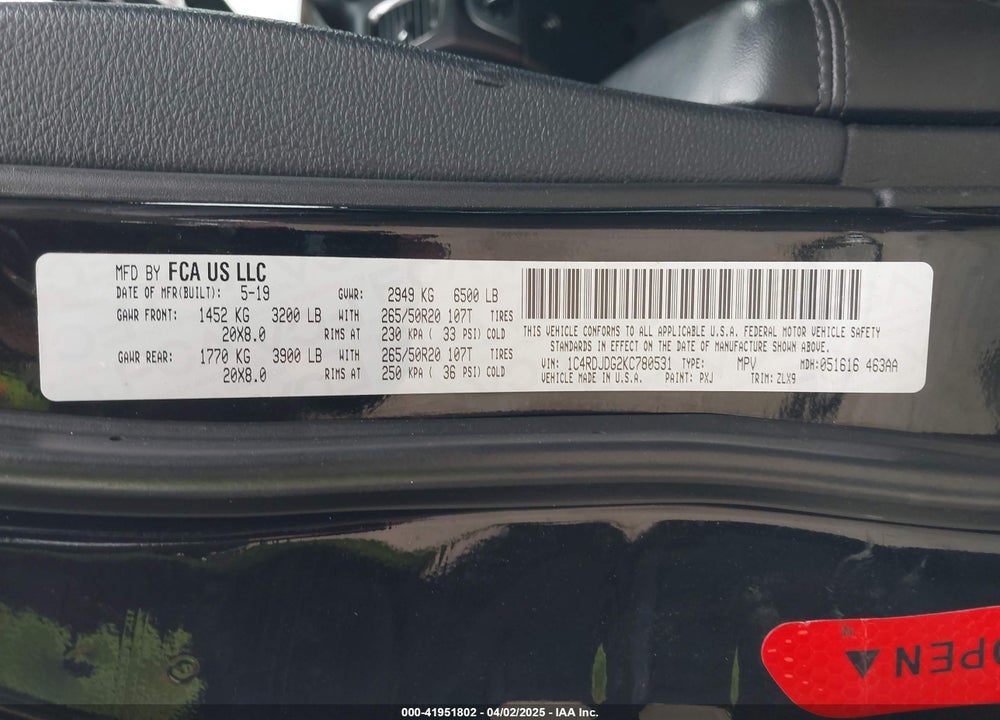 2019 DODGE DURANGO GT PLUS AWD VIN: 1C4RDJDG2KC780531