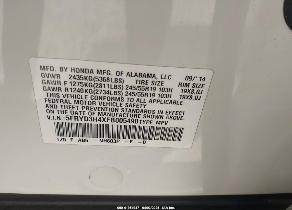 2015 ACURA MDX TECHNOLOGY PACKAGE VIN: 5FRYD3H4XFB005490