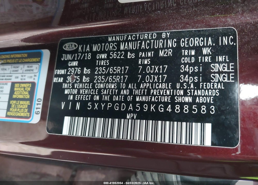 2019 KIA SORENTO 3.3L LX VIN: 5XYPGDA59KG488583