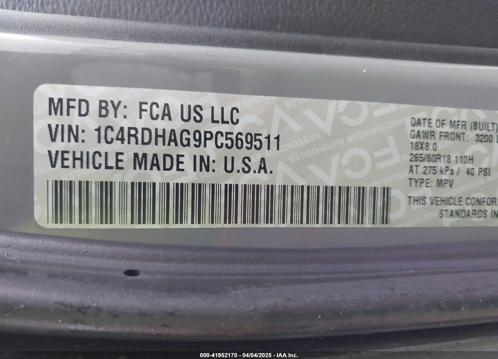 2023 DODGE DURANGO VIN: 1C4RDHAG9PC569511