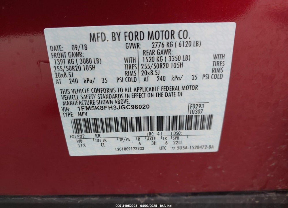 2018 FORD EXPLORER VIN: 1FM5K8FH3JGC96020