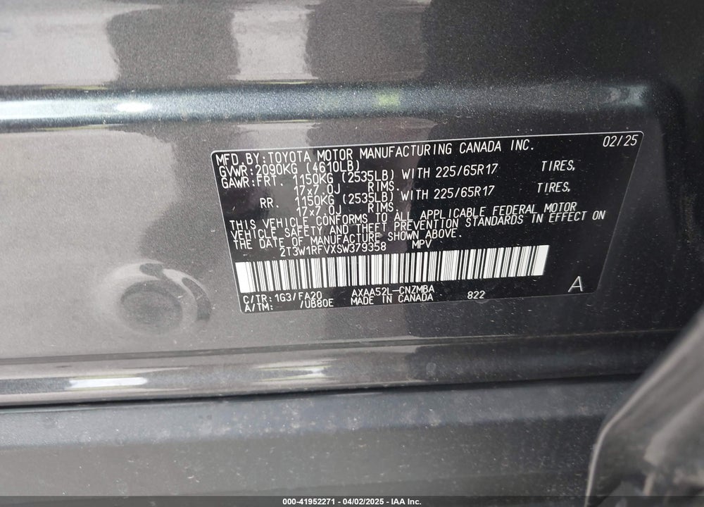 2025 TOYOTA RAV4 VIN: 2T3W1RFVXSW379358