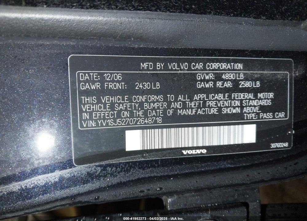 2007 VOLVO V70 VIN: YV1SJ527072648718