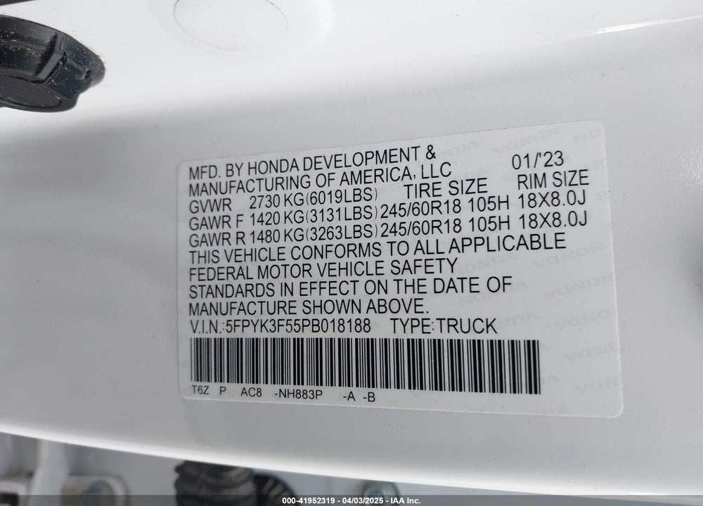 2023 HONDA RIDGELINE VIN: 5FPYK3F55PB018188