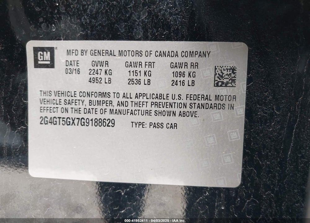 2016 BUICK REGAL VIN: 2G4GT5GX7G9188629