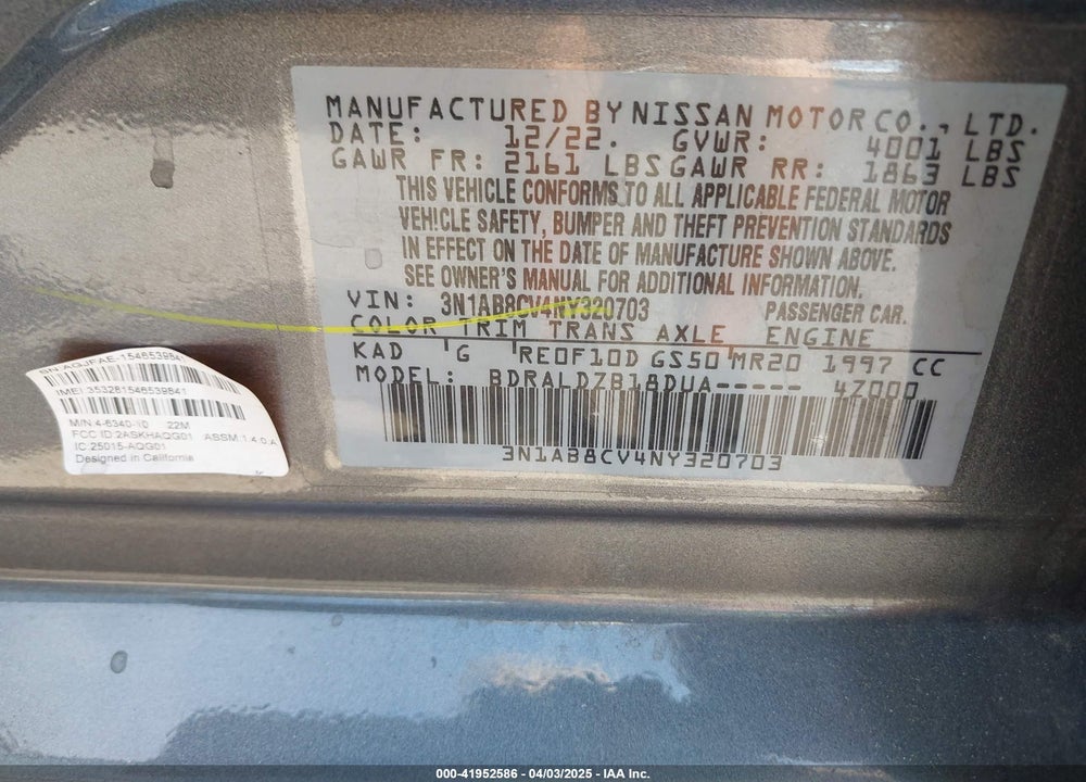 2022 NISSAN SENTRA SV XTRONIC CVT VIN: 3N1AB8CV4NY320703