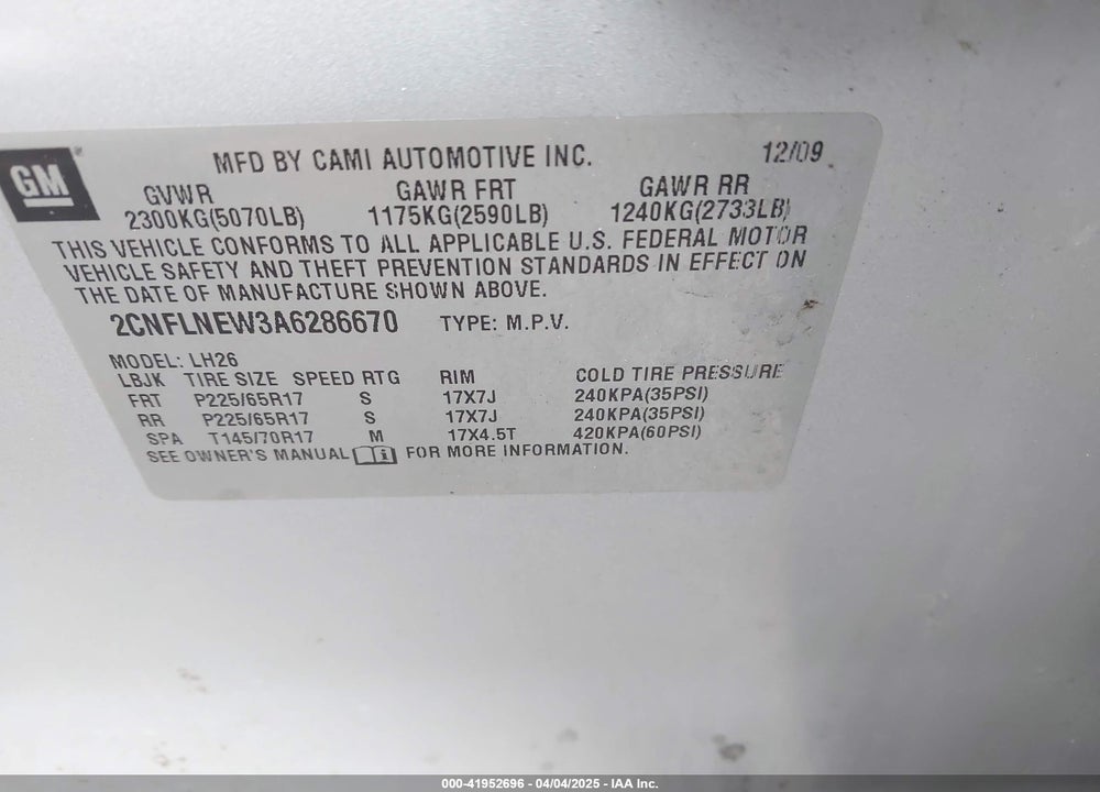 2010 CHEVROLET EQUINOX LT VIN: 2CNFLNEW3A6286670