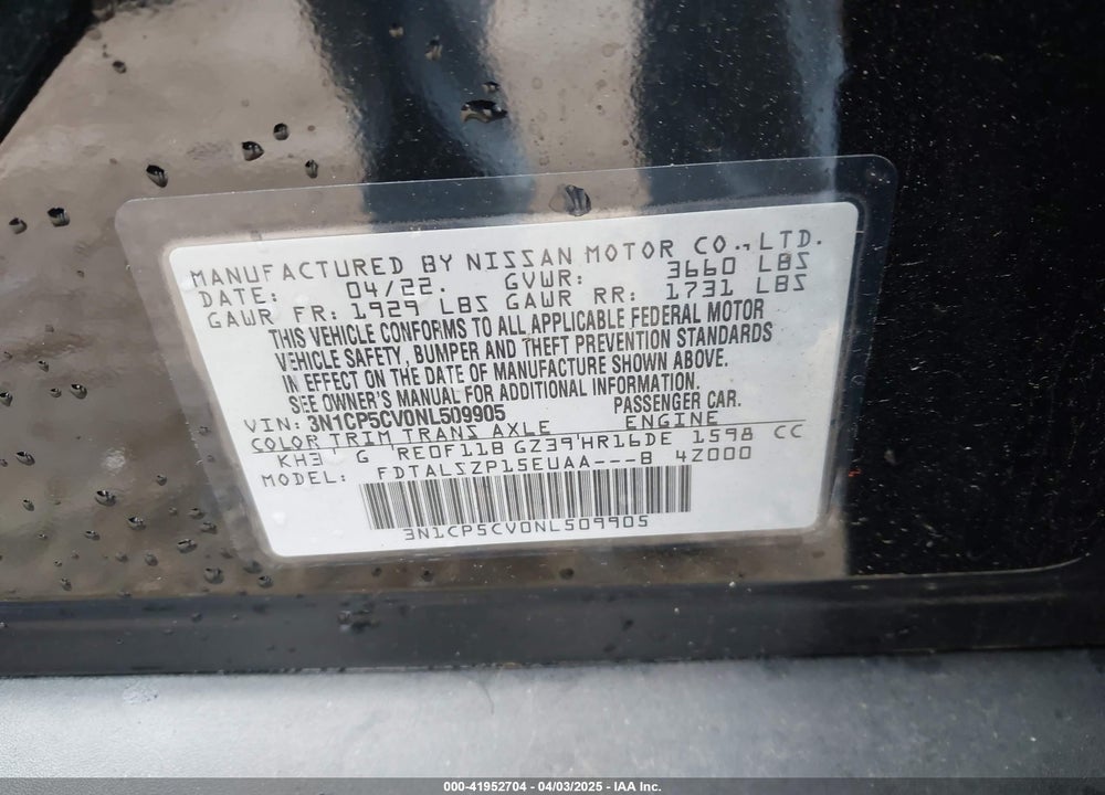 2022 NISSAN KICKS SV XTRONIC CVT VIN: 3N1CP5CV0NL509905