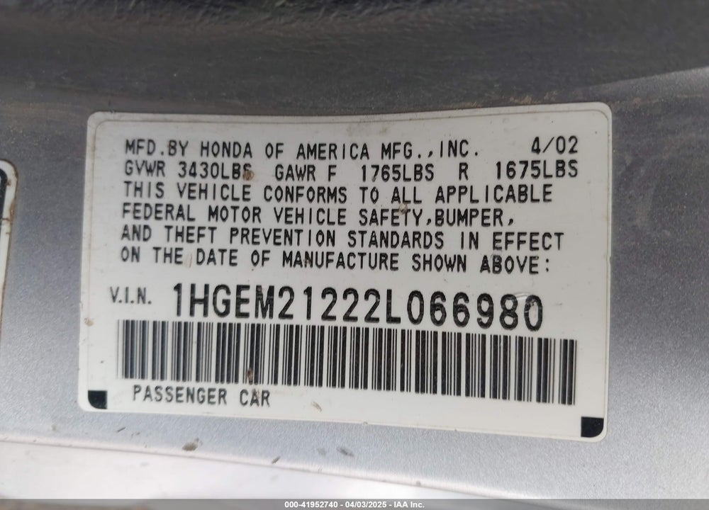 2002 HONDA CIVIC DX VIN: 1HGEM21222L066980