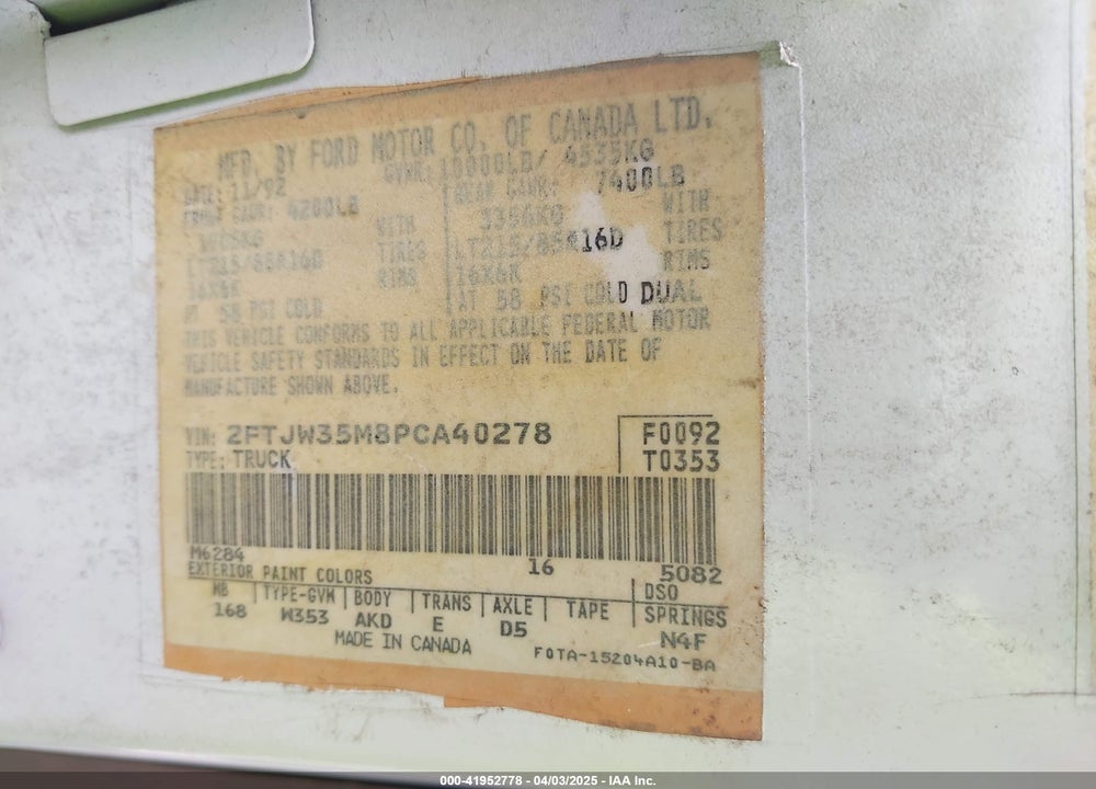 1992 FORD F350 VIN: 2FTJW35MXNCA46841