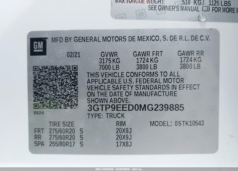 2021 GMC SIERRA 1500 VIN: 3GTP9EED0MG239885