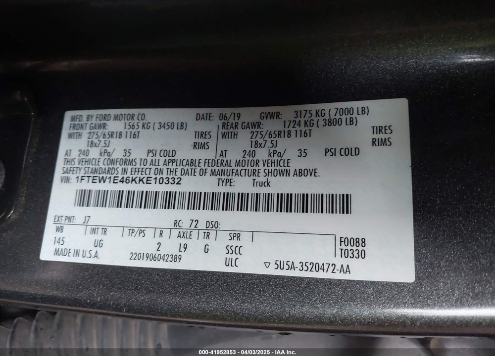 2019 FORD F-150 VIN: 1FTEW1E46KKE10332