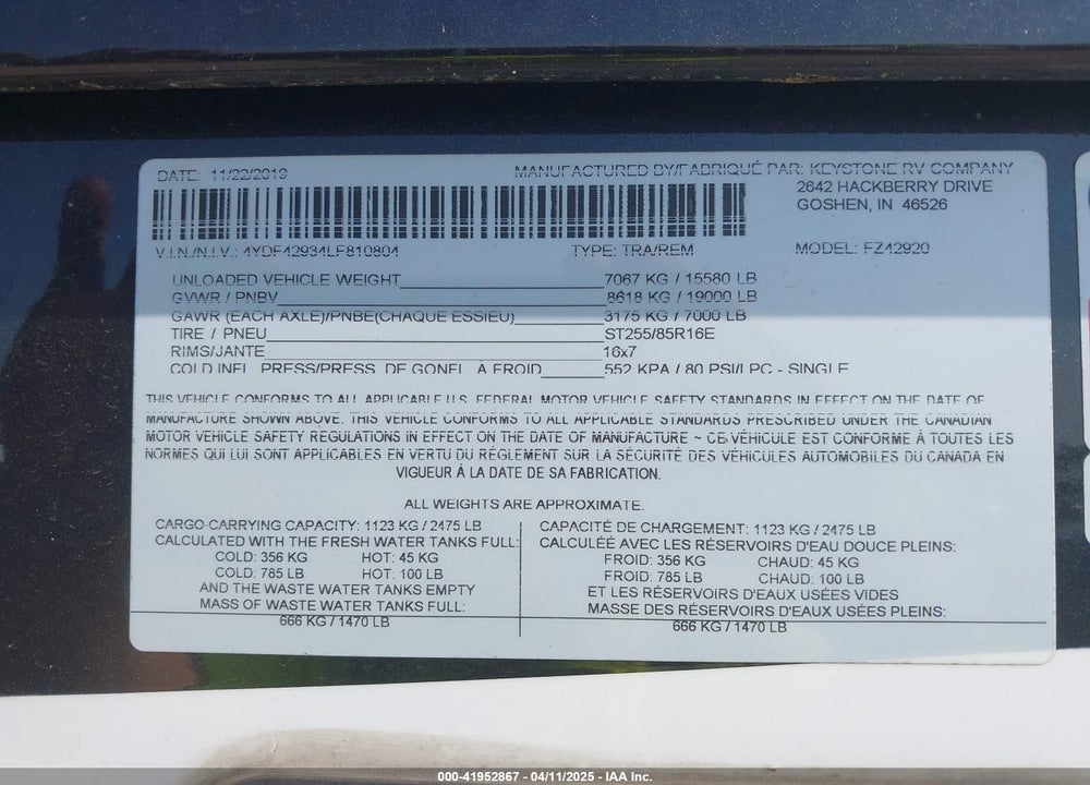 2020 KEYSTONE FUZION 429 VIN: 4YDF42934LF810804