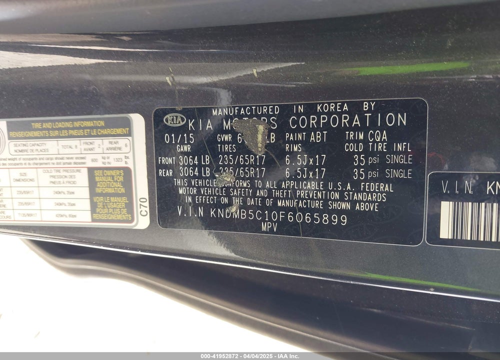 2015 KIA SEDONA VIN: KNDMB5C10F6065899