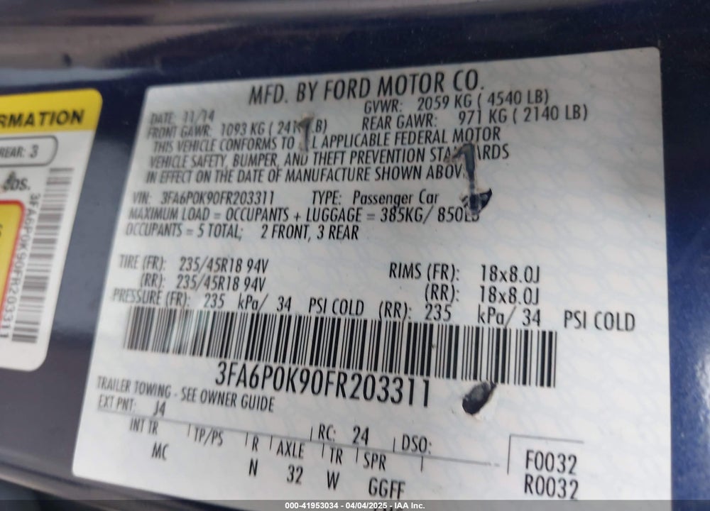 2015 FORD FUSION VIN: 3FA6P0K90FR203311