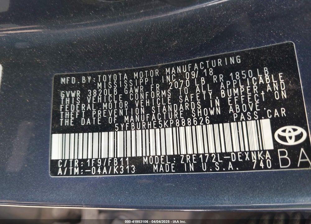 2019 TOYOTA COROLLA LE VIN: 5YFBURHE5KP888626