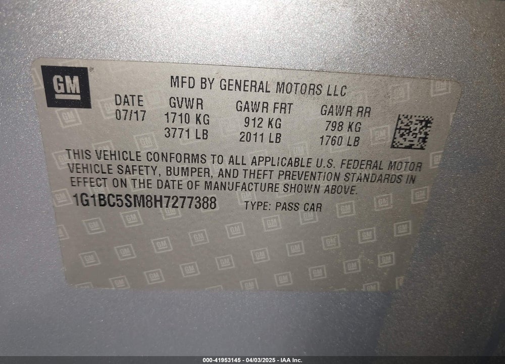2017 CHEVROLET CRUZE VIN: 1G1BC5SM8H7277388