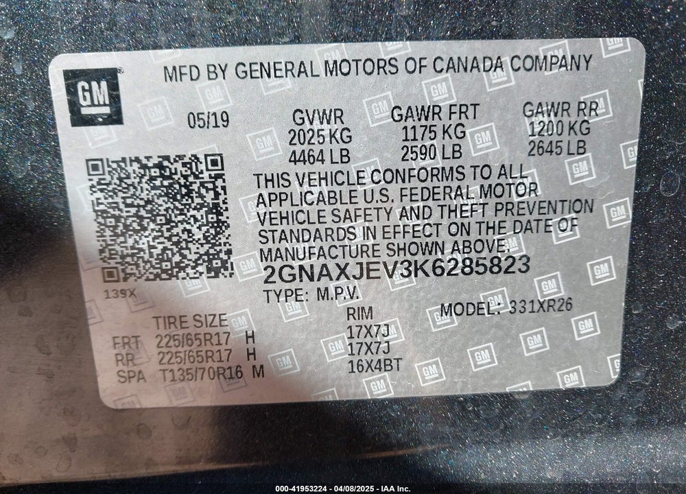 2019 CHEVROLET EQUINOX LT VIN: 2GNAXJEV3K6285823