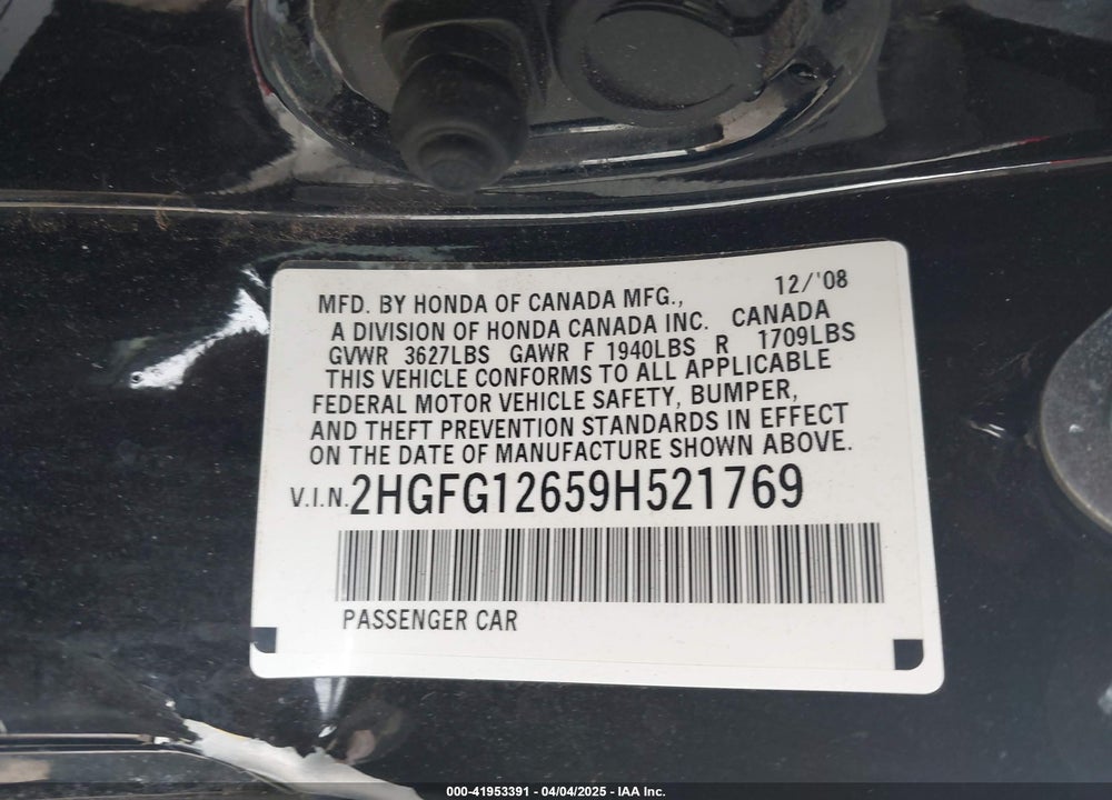 2009 HONDA CIVIC LX VIN: 2HGFG12659H521769