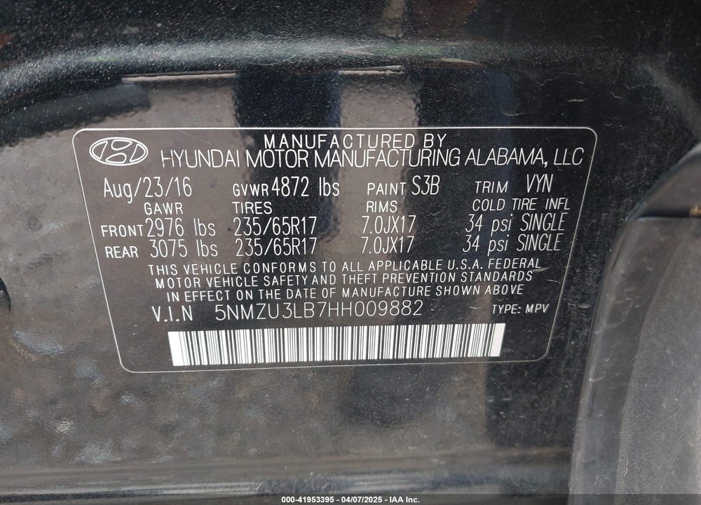 2017 HYUNDAI SANTA FE SPORT 2.4L VIN: 5NMZU3LB7HH009882
