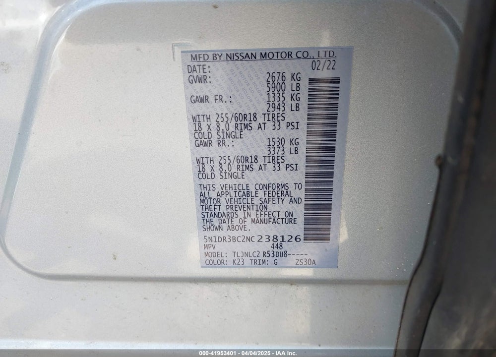 2022 NISSAN PATHFINDER VIN: 5N1DR3BC2NC238126