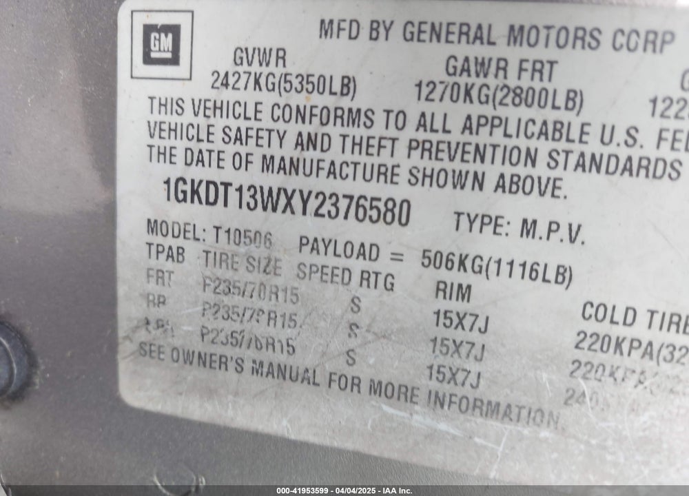 2000 GMC JIMMY SLE VIN: 1GKDT13WXY2376580