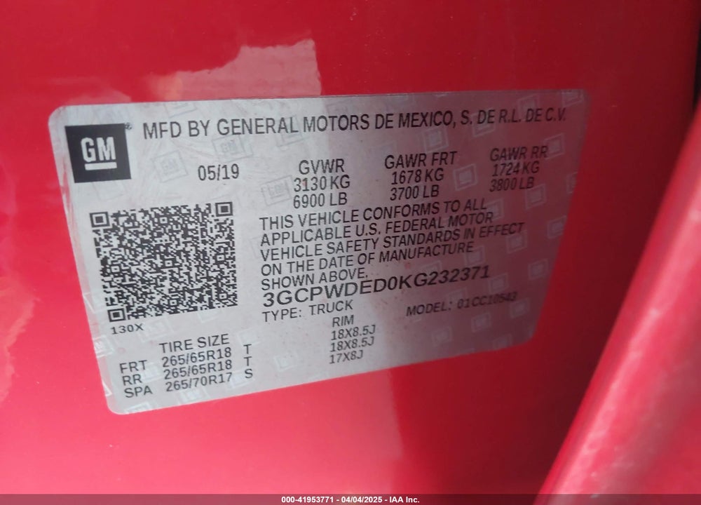 2019 CHEVROLET SILVERADO 1500 RST VIN: 3GCPWDED0KG232371