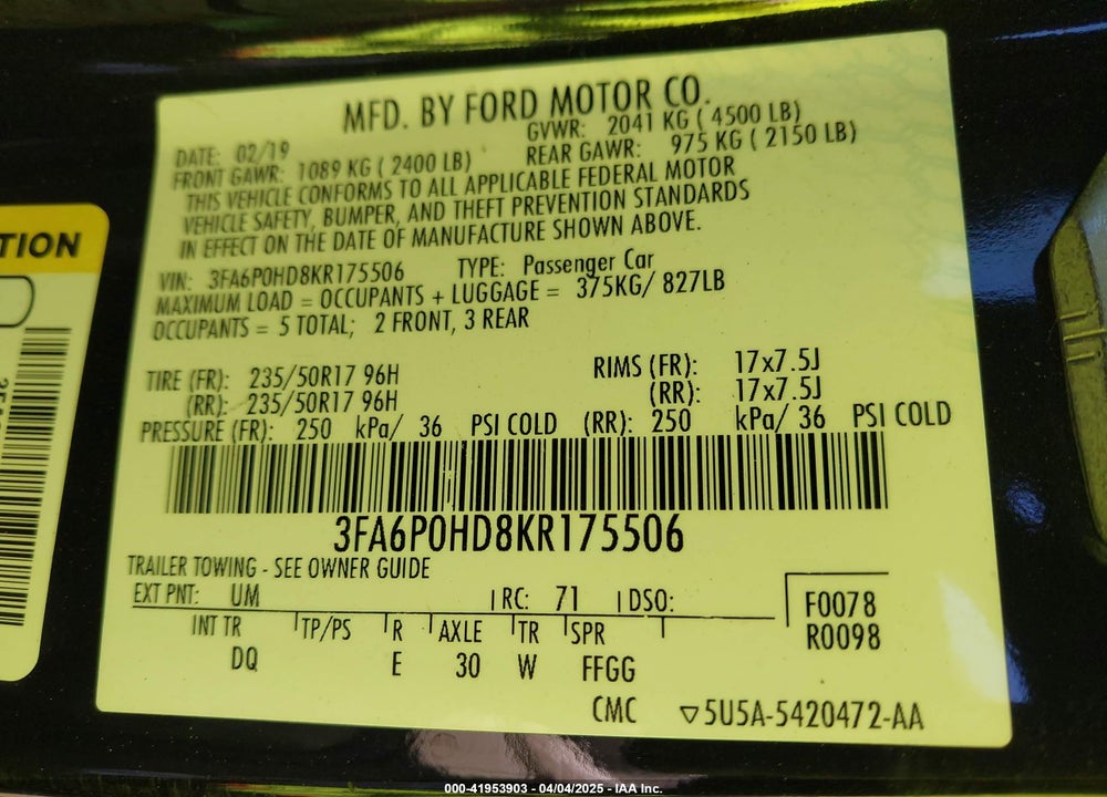 2019 FORD FUSION SE VIN: 3FA6P0HD8KR175506