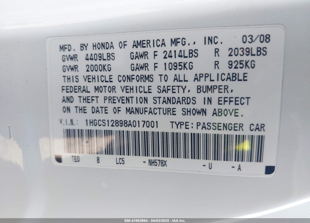 2008 HONDA ACCORD VIN: 1HGCS12898A017001
