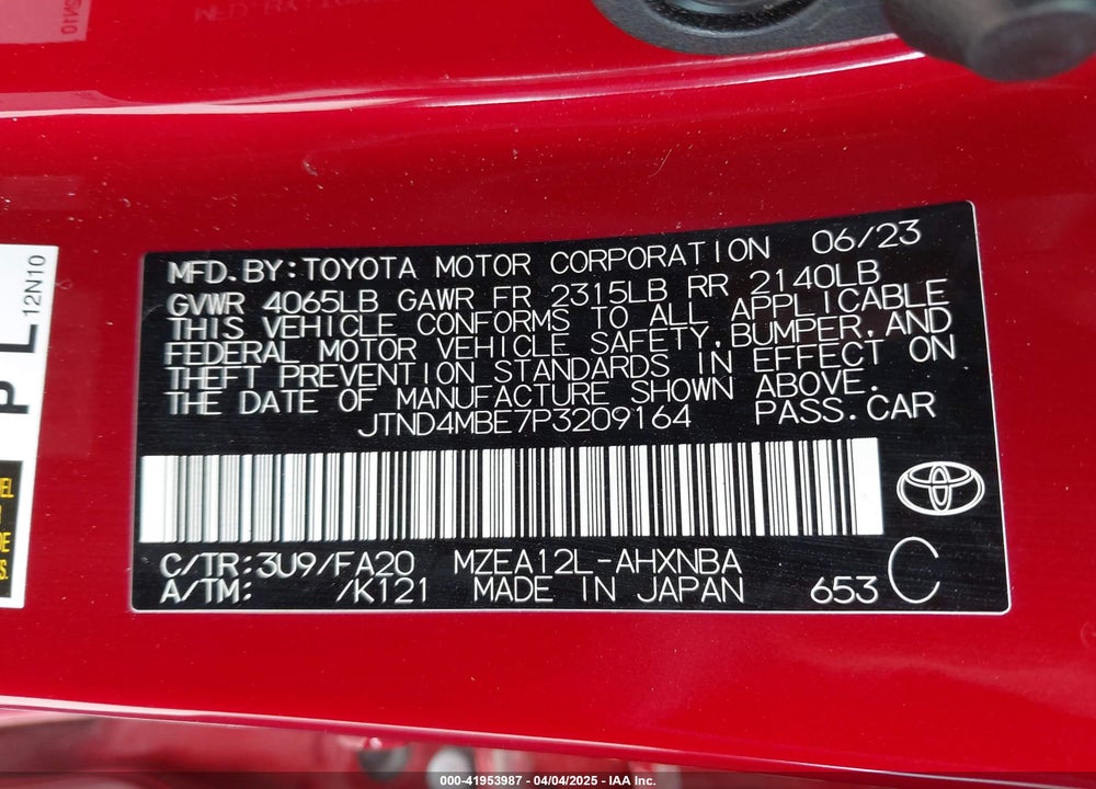 2023 TOYOTA COROLLA VIN: JTND4MBE7P3209164