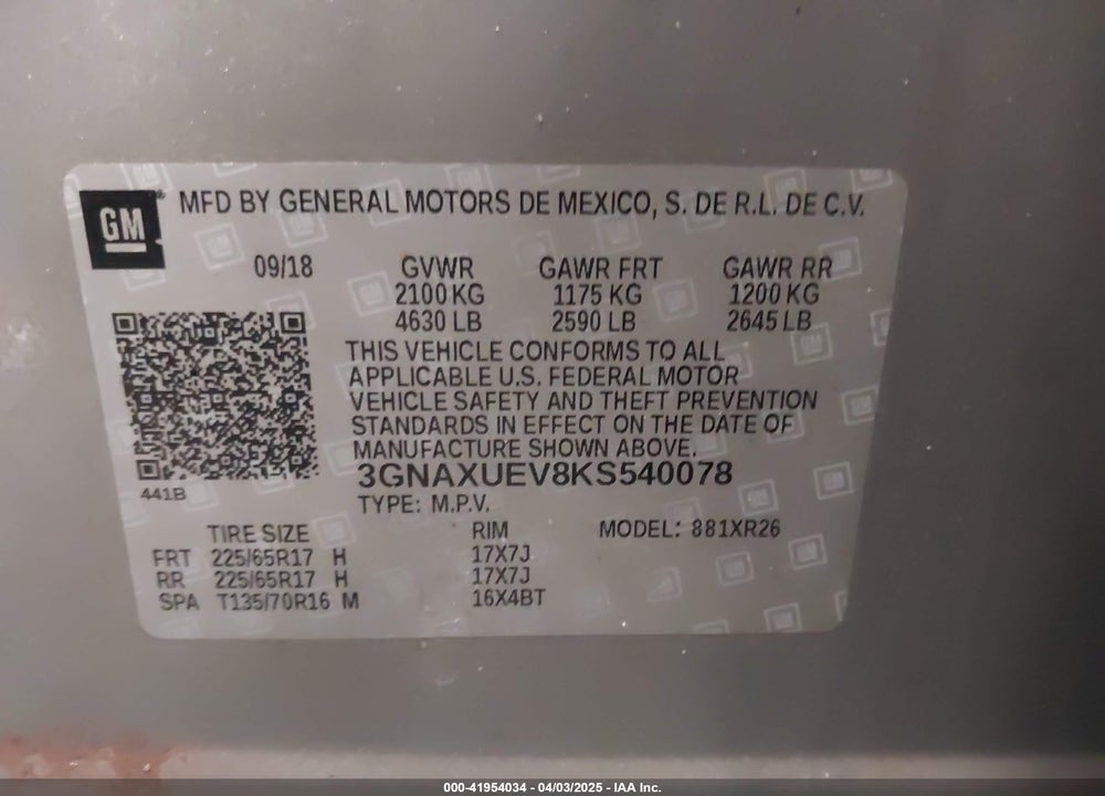 2019 CHEVROLET EQUINOX VIN: 3GNAXUEV8KS540078