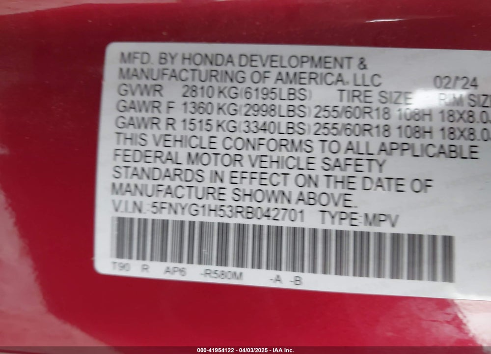 2024 HONDA PILOT VIN: 5FNYG1H53RB042701
