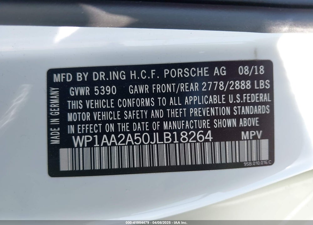 2018 PORSCHE MACAN VIN: WP1AA2A50JLB18264