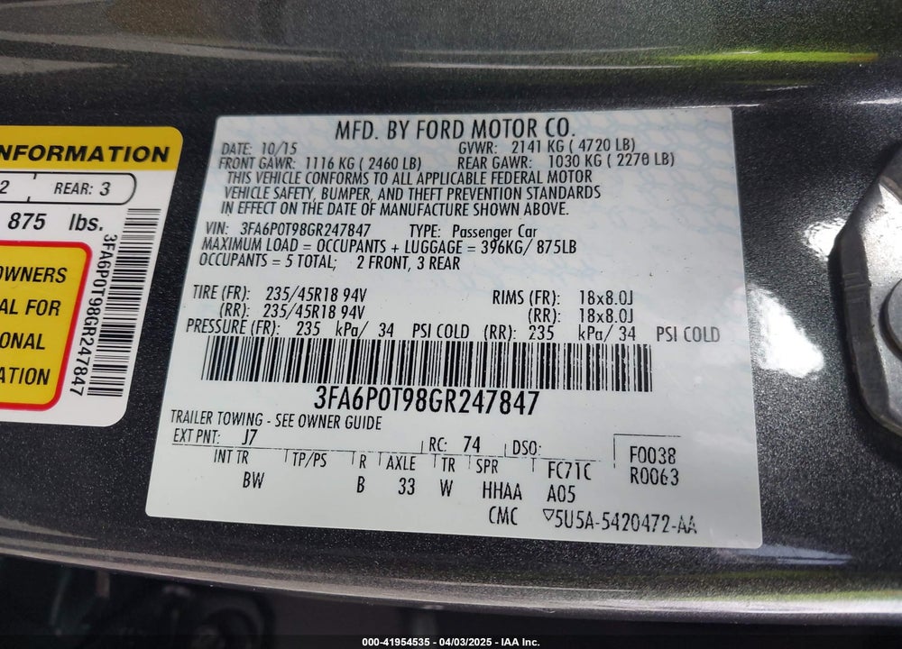 2016 FORD FUSION VIN: 3FA6P0T98GR247847