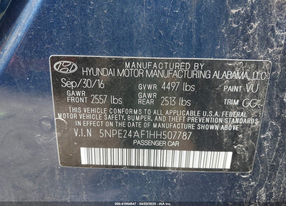 2017 HYUNDAI SONATA VIN: 5NPE24AF1HH507787
