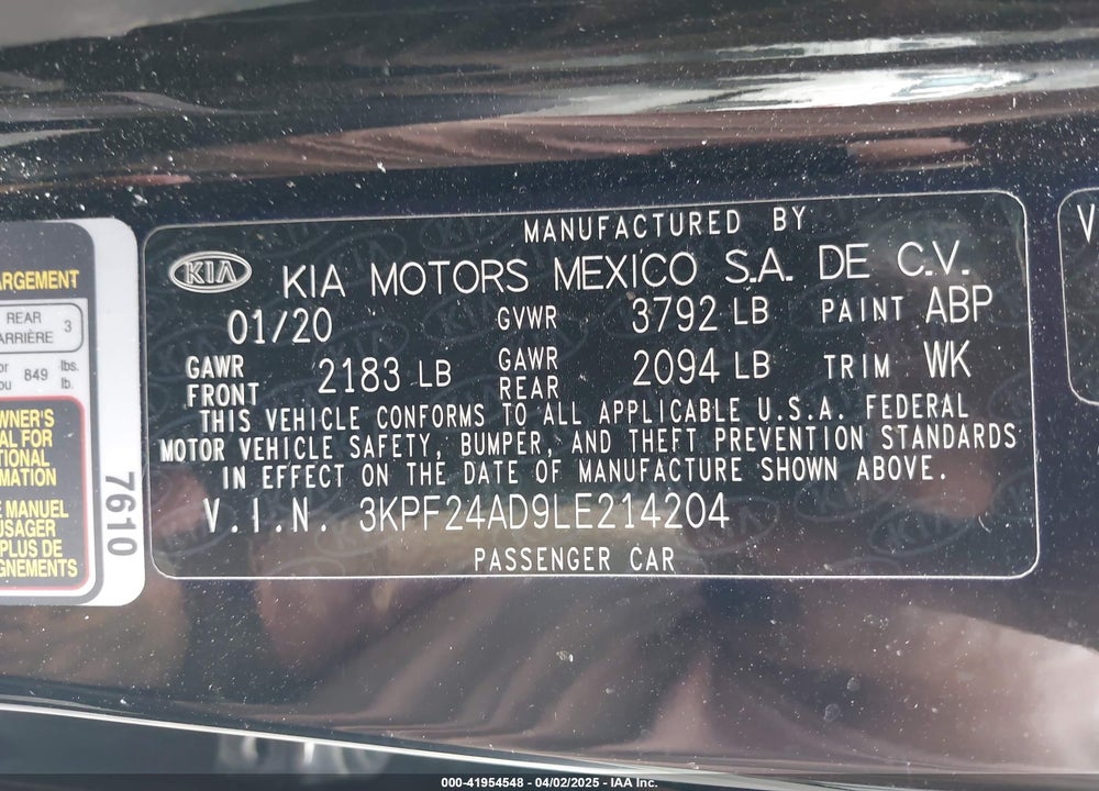 2020 KIA FORTE VIN: 3KPF24AD9LE214204