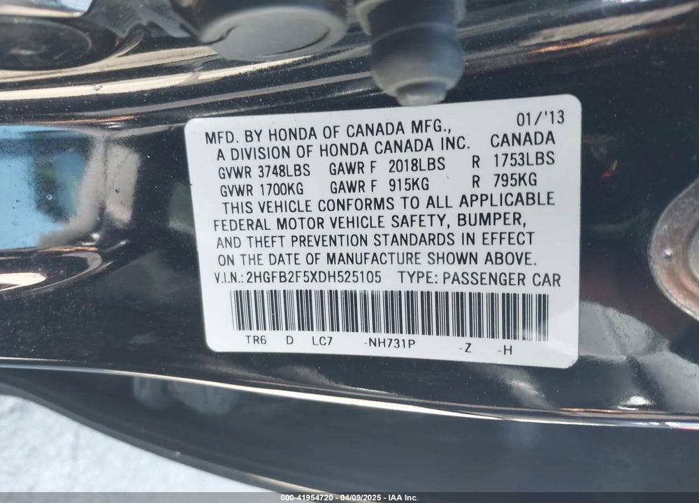 2013 HONDA CIVIC VIN: 2HGFB2F5XDH525105