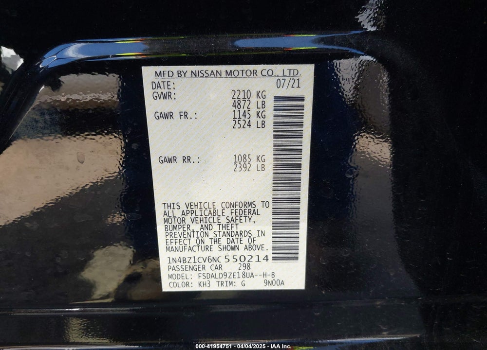 2022 NISSAN LEAF SV PLUS 62 KWH VIN: 1N4BZ1CV6NC550214